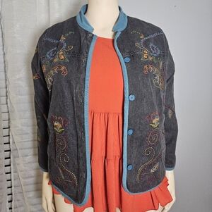 Denim&Co Embroidered Gray Jacket with Blue Trim